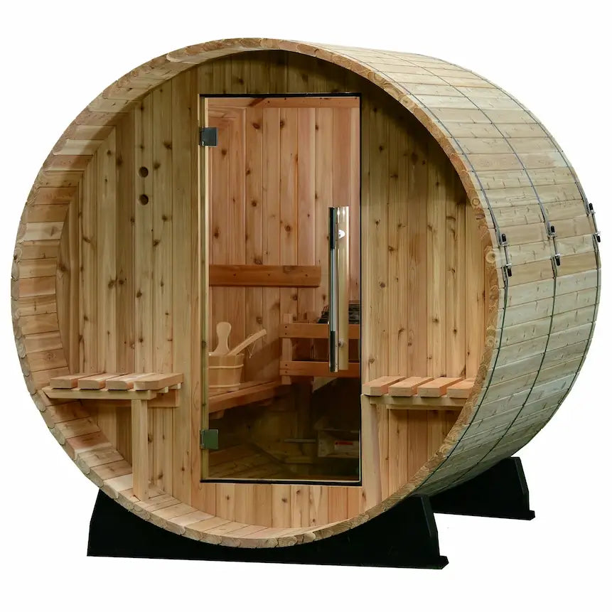 アオガルテンベース Almost Heaven 6′ x 5+1′ Audra 2-4 person Barrel Sauna – The Sauna