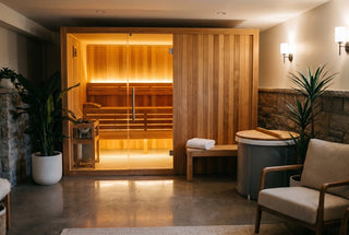Cedar sauna installed in a finished home basement with a stone accent wall, warm interior glow, concrete floor, a folded towel, a cold plunge tub, and a lounge chair.