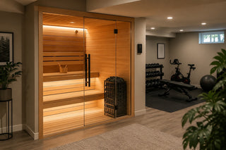 Modern luxury home sauna with warm cedar interior and soft ambient lighting in a minimalist wellness space at dusk
