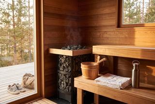 Cedar home sauna with an electric heater and steaming stones, a wooden bucket and ladle, a white towel and water bottle on the bench, training shoes and a gym bag outside the glass door