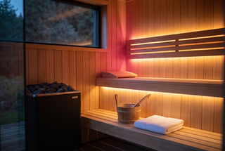 Cedar home sauna softly lit by warm amber chromotherapy LED strips under the benches, the light washing evenly across the wooden walls, with a heater, wooden bucket and folded white towel