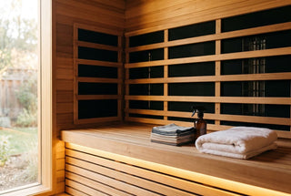 Interior of a clean modern infrared sauna with cedar benches and dark carbon far-infrared heater panels