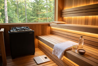 Cedar home sauna with warm LED glow under the benches, folded white towel, water bottle, glass of lemon water and a bowl of salt on the bench, and a bathroom scale on the floor