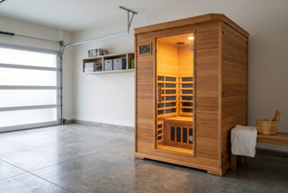 Cedar sauna cabin installed in a clean modern residential garage with a glass door, warm interior glow, concrete floor, towel and bucket.
