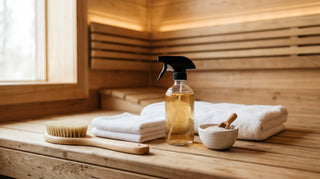 Natural sauna cleaning supplies arranged on a cedar bench including a soft-bristle wooden brush, amber glass spray bottle with vinegar solution, folded white towels, and a ceramic bowl with baking soda