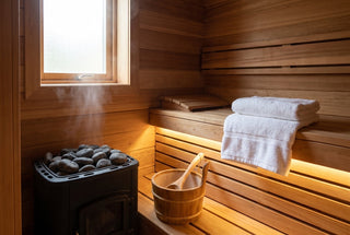 Interior of a traditional wood-fired cedar sauna with a black wood-burning stove topped with dark sauna stones, a wooden bucket and ladle, a wisp of steam rising, folded white towels, warm window light, no people