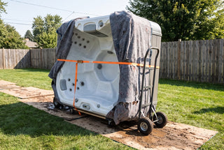 A modern acrylic hot tub tipped on its side, wrapped in a moving blanket and strapped to a furniture dolly with ratchet straps, on a plywood path across a backyard lawn