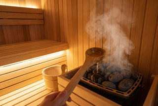 A ladle pouring a small stream of water onto the dark stones of an electric sauna heater with steam rising, a wooden bucket and folded towel in a cedar sauna, no people
