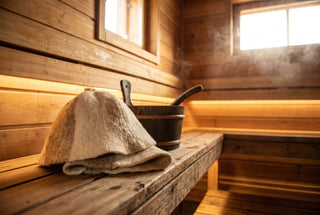 Thick natural wool-felt sauna hat resting on a cedar bench inside a warm sauna, beside a wooden bucket and ladle.
