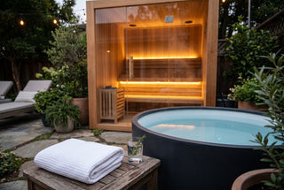 Cedar sauna with warm interior glow beside a cold plunge tub in a backyard wellness setup, with a folded towel and a glass of water.