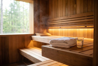 Modern cedar sauna interior with warm lighting and a forest-view window, a folded white towel and a glass of lemon water on the bench for post-workout recovery.