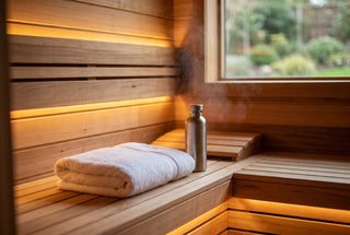 Warm cedar sauna set up for post-workout recovery, with a folded white towel and a stainless steel water bottle on the bench.