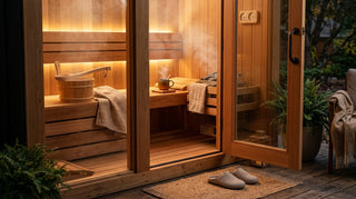 Warm cedar home sauna with gentle steam, towel, and tea creating a cozy recovery atmosphere during cold season.