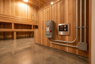 Professional sauna electrical install: a cedar sauna with a wall-mounted disconnect switch, control unit, and neat metal conduit.