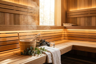 Cedar sauna interior with rising steam, a wooden bucket and ladle, sauna stones, a glass of water and a eucalyptus sprig — sauna for sinus relief.