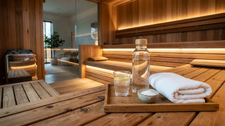 Hydration setup on a cedar sauna bench with a glass of lemon water, water bottle, bowl of sea salt, and a folded towel, illustrating the basics of preventing a headache after a sauna session