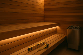 Cedar sauna interior with an electric heater and stones, plus a level and tape measure, for a sauna installation guide.