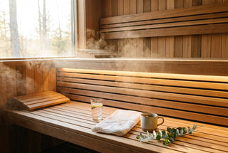 Cedar sauna interior with steam, a glass of water, a towel, tea and a eucalyptus sprig, for using a sauna or steam room when sick