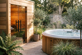 An outdoor cedar barrel sauna with a glowing interior beside a modern hot tub with steam rising, on a wooden backyard deck at golden hour, no people