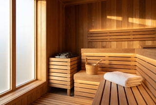 Interior of a modern traditional cedar sauna with an electric heater full of sauna stones, a wooden bucket and ladle on the bench, a folded white towel, soft window light and a warm LED glow, no people