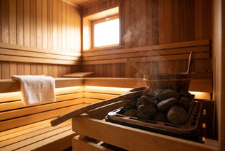 Interior of a traditional cedar sauna with an electric heater full of dark rounded sauna stones, a long-handled wooden ladle resting across a wooden water bucket, a wisp of steam rising from the stones, a folded white towel, warm light, no people