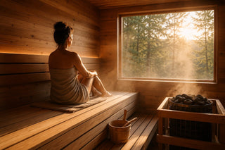 Woman relaxing in a traditional wood sauna with a large window overlooking a forest at sunset