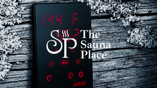 Digital sauna controller displaying 144°F mounted on rustic weathered wood surface, symbolizing ideal sauna temperature and modern sauna heat control.