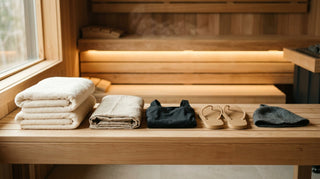 Sauna attire essentials arranged on a cedar bench including folded cotton towels, a linen wrap, a black swimsuit, tan flip-flops, and a gray merino wool sauna hat
