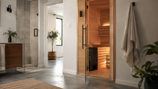 Modern home interior with integrated indoor sauna beside a bathroom and concrete flooring