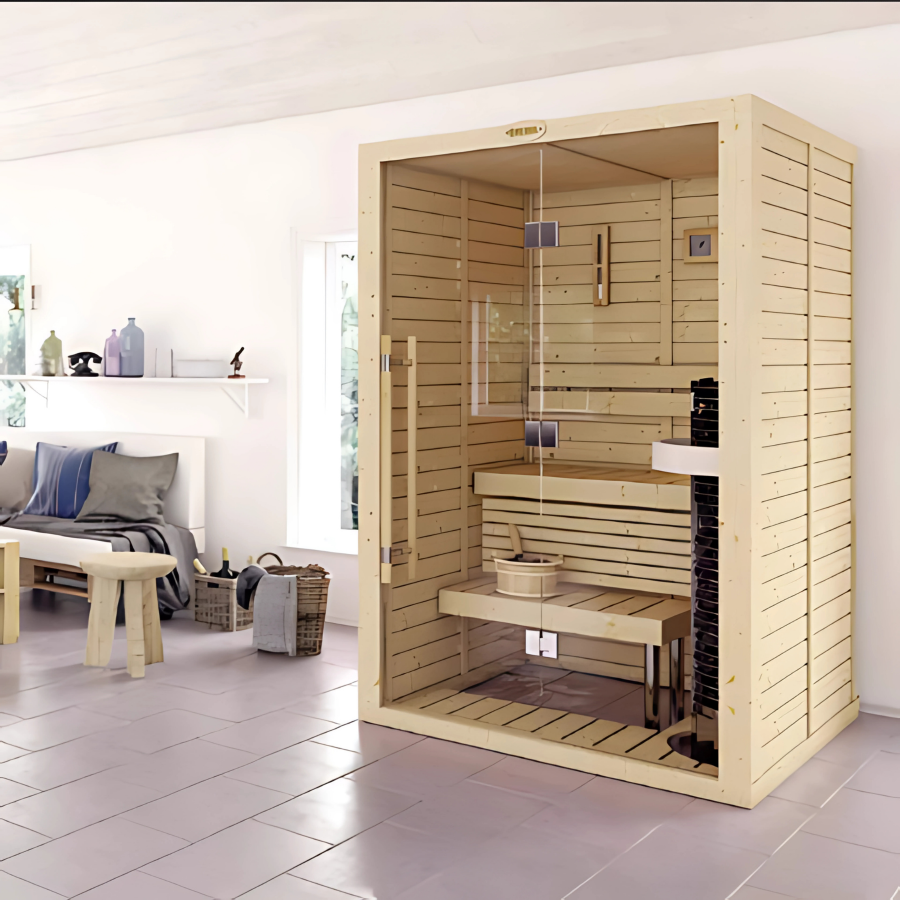 (Image placeholder) Top Indoor Sauna Kits: How to Choose the Right Size, Style, and Setup — modern glass-front indoor sauna
