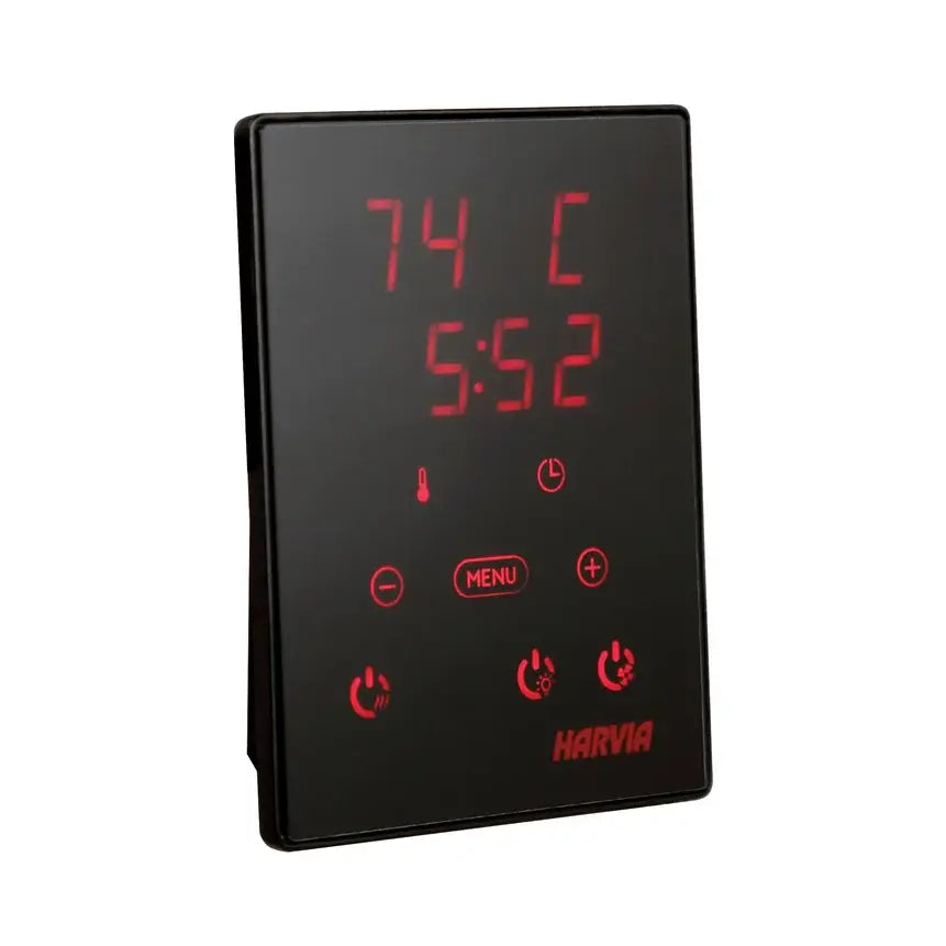 The sleek, wall-mounted Harvia Xenio digital control panel.