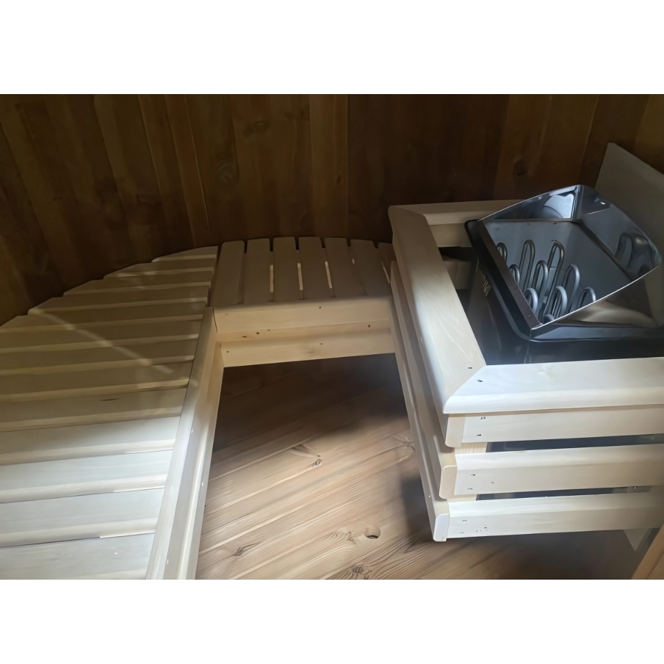 Heritage Sole Vertical Barrel Sauna — interior benches and pine finish