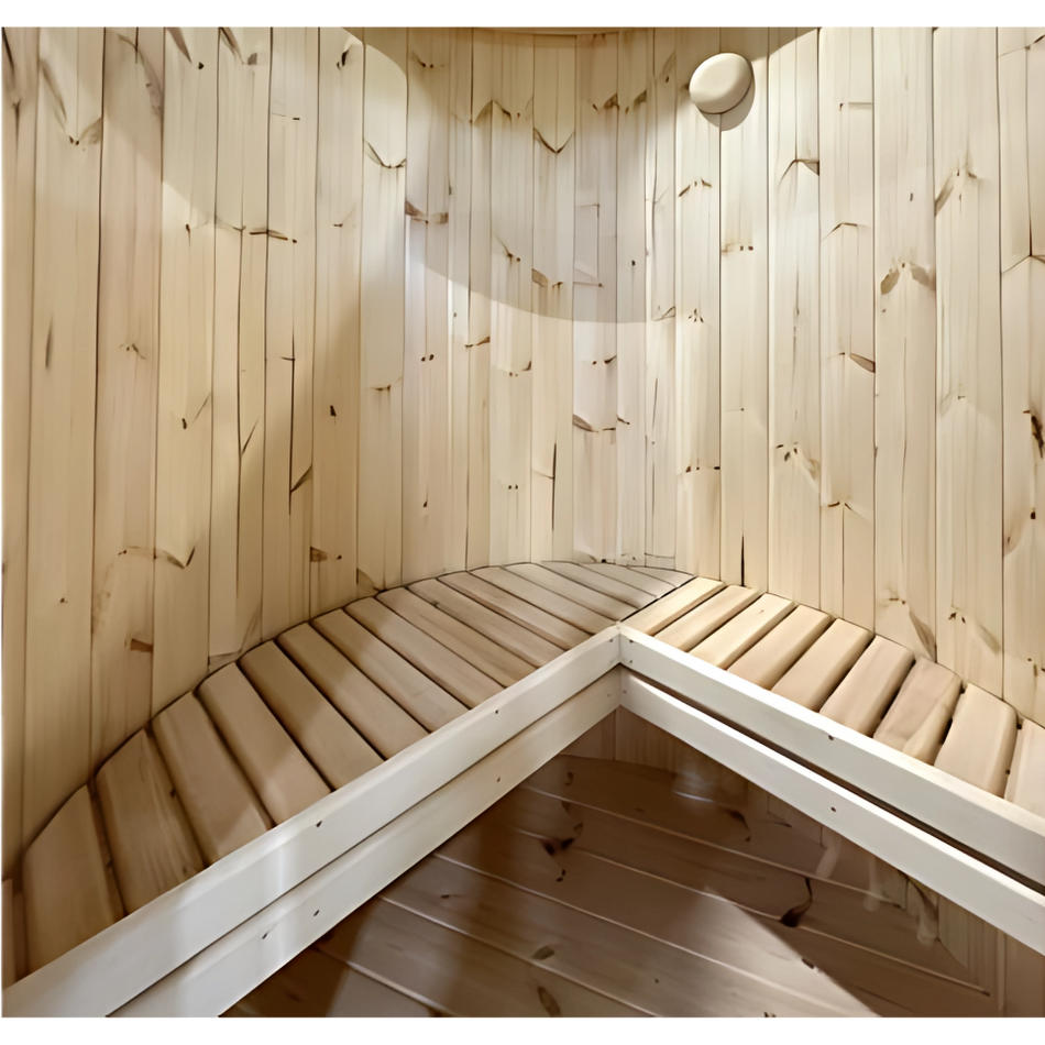 Heritage Sole Vertical Barrel Sauna — exterior view with glass door