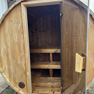 Lumina TH 2–3 Person Outdoor Barrel Sauna – Showroom Model | Heritage Sauna®