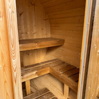 Lumina 3–4 Person Outdoor Barrel Sauna – Showroom Model | Heritage Sauna®