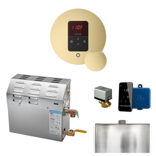 MrSteam MS 6 kW (6000 W) Steam Shower Generator Package with round iTempo Control in Polished Chrome and Accessories - Satin Brass