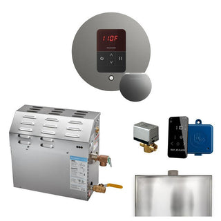 MrSteam MS 6 kW (6000 W) Steam Shower Generator Package with round iTempo Control in Polished Chrome and Accessories - Satin Steel