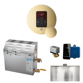 MrSteam MS 12 kW (12000 W) Steam Shower Generator Package with round iTempo Control in Polished Chrome and Accessories - Polished Brass