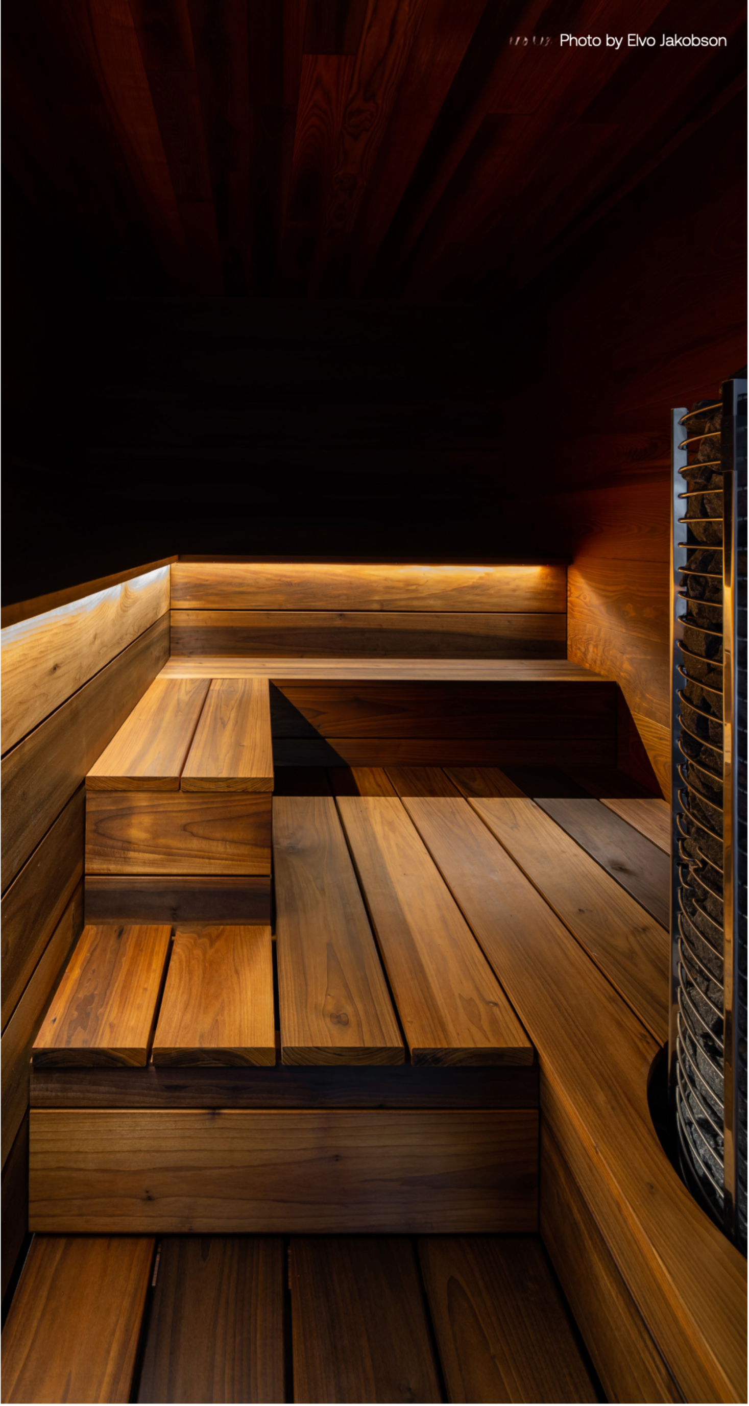 Smokies design sauna with rich wood textures and ambient lighting