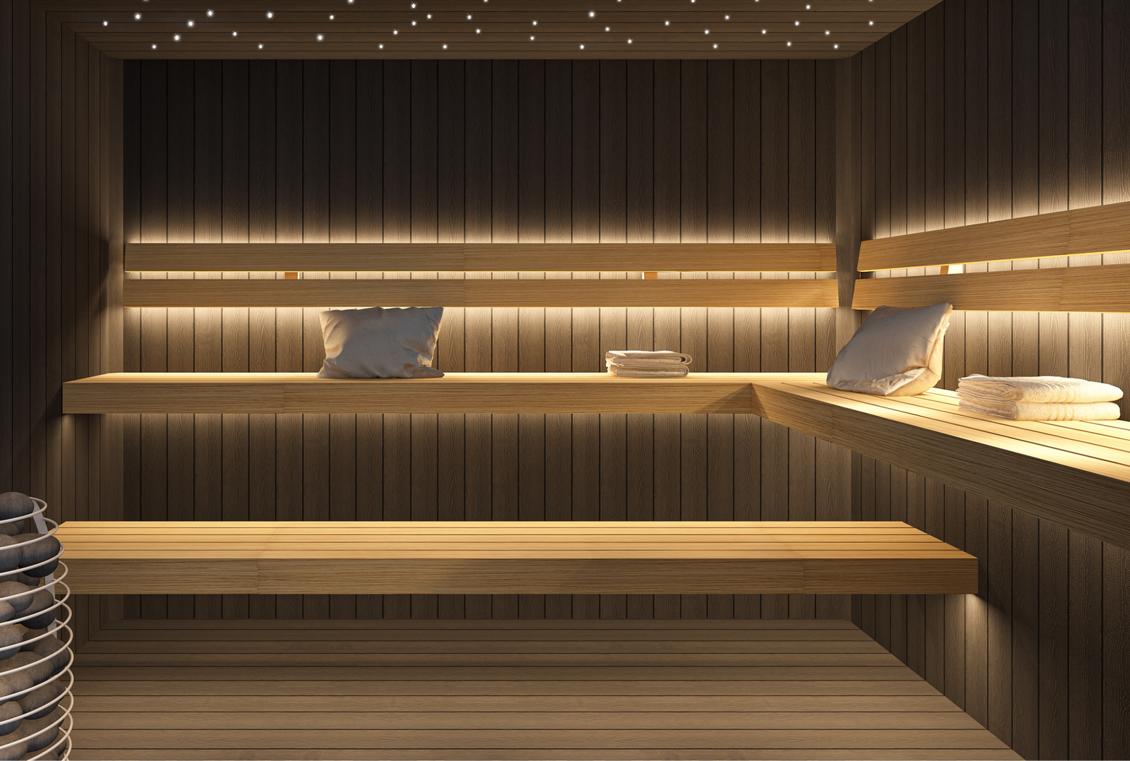 Chess design sauna with contrasting wood tones