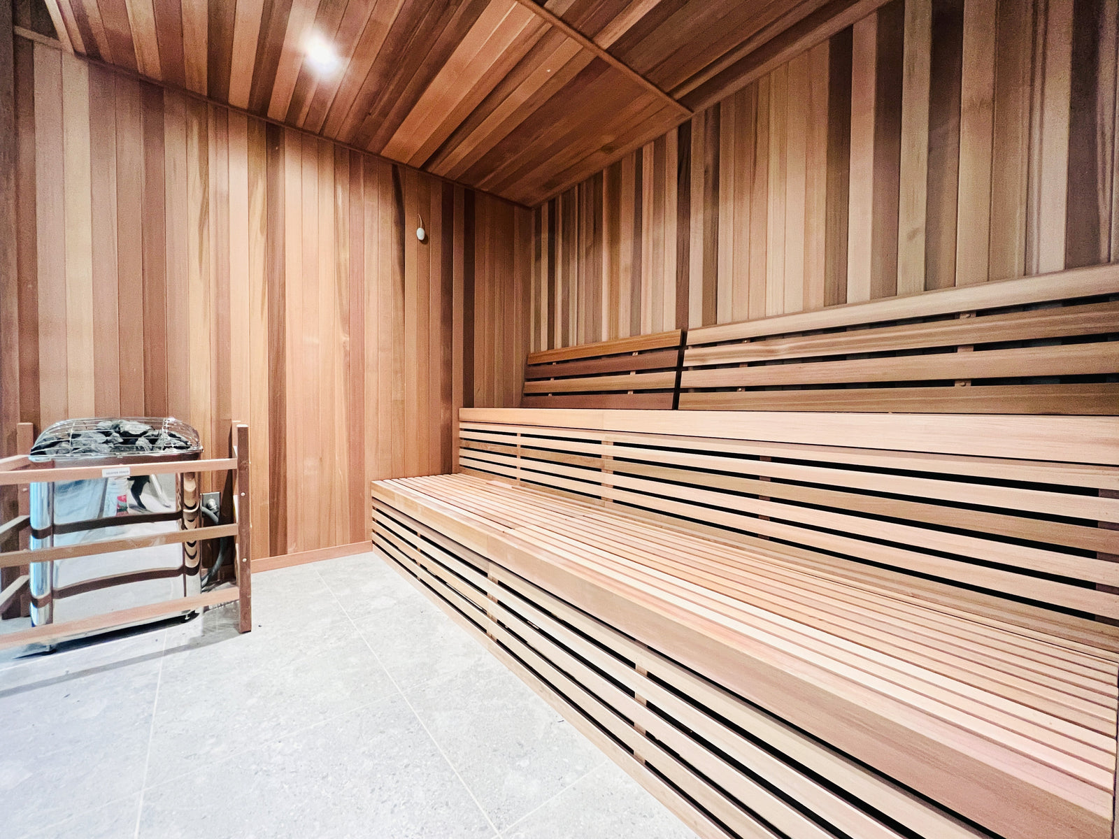 Outdoor sauna with classic Hamptons styling