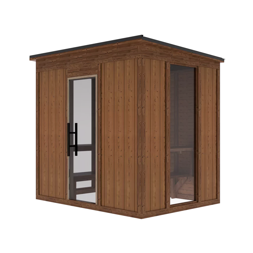 (Image placeholder) Thermory Mod 6 Traditional Outdoor Sauna: Social vs Athletic Layouts, Materials, and Wellness Benefits — hero/angle view