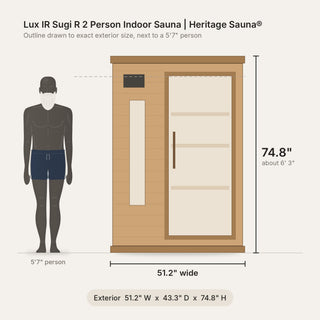 Size comparison: Lux IR Sugi R 2 Person Indoor Sauna | Heritage Sauna®, exterior 51.2" W x 43.3" D x 74.8" H, shown next to a 5'7" person